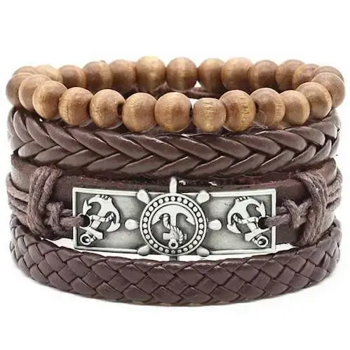 Anker Læderarmbånd med Træperler - Maritim Stil og Elegance