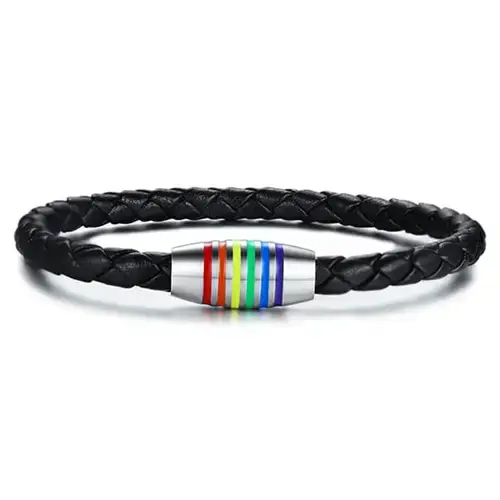 Pride Armbånd i Sort Bololæder med Regnbuelås - Støt Mangfoldighed!
