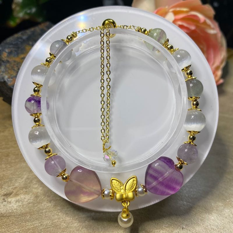Fluorit Armbånd Med Selenit Kugler 5mm - Fluorit Armbånd